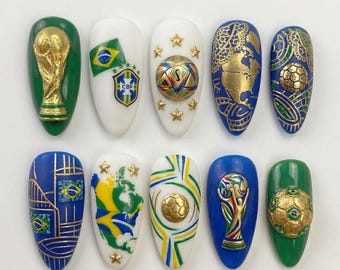 Handmade Brazil World Cup Press On Nails | Trophy, Football Globe & Championship Art | Luxury Green Gold Soccer Set
