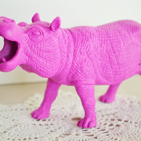 Fuchsia Hippo - Painted Toy Zoo / Safari Animal Repurposed for Home Decor