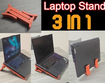 May include: A foldable orange laptop stand with the text Laptop Stand 3 IN 1. The stand is shown in a collapsed state and supporting a black laptop in two different angled positions and one vertical upright position for storage or display.