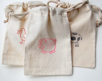 Farm Animal Muslin Bag / Set of 10/ Perfect for Birthday Party Favors / PIG / COW / DUCK /