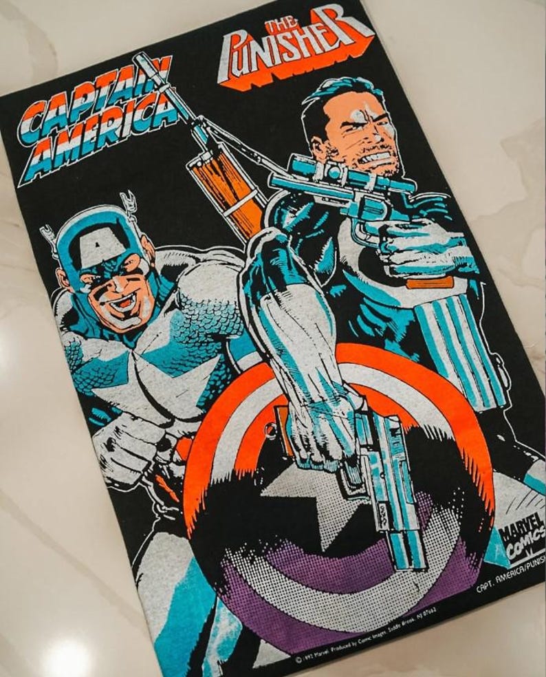 Vintage Captain America & Punisher Comic Shirt, Retro Marvel First Avenger Comic Tee, Disney Superhero Gift, Disneyland Family Matching Trip image 1