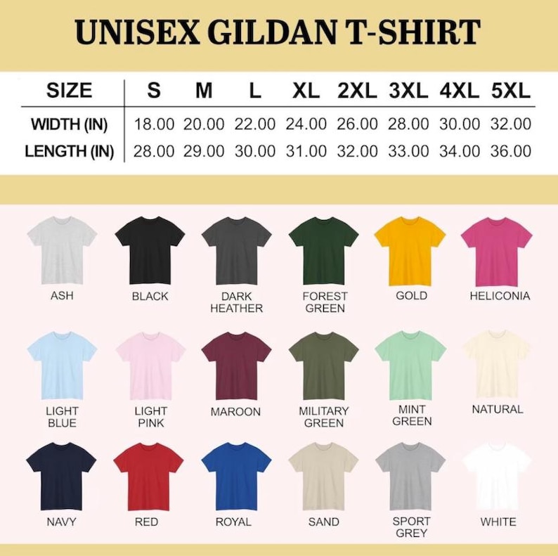 K&ouml;nnte beinhalten: Gildan Unisex T-Shirt Gr&ouml;&szlig;entabelle. Gr&ouml;&szlig;en von S bis 5XL, mit Breiten- und L&auml;ngenangaben in Zoll. Verschiedene T-Shirt-Farben werden gezeigt, darunter Ash, Black, Dark Heather, Forest Green, Gold und weitere.