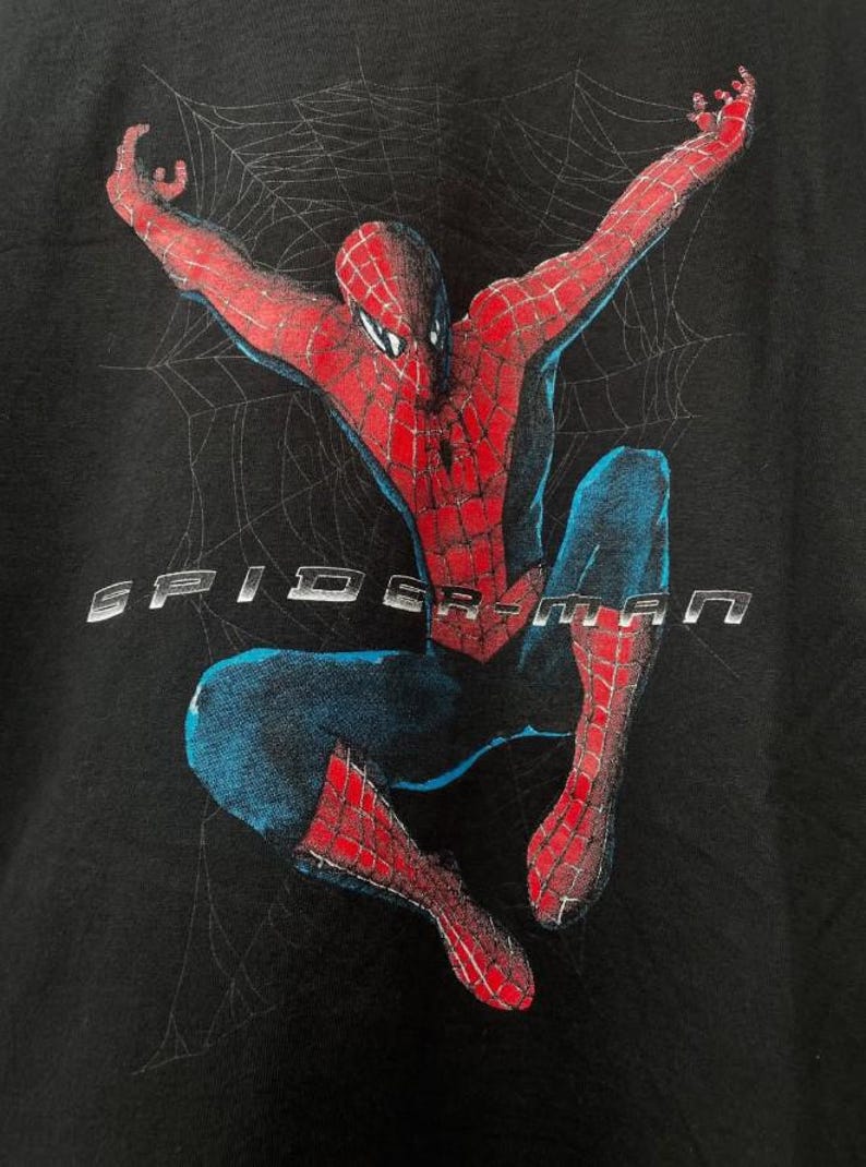 May include: A black t-shirt featuring a graphic print of the character Spider-Man in a dynamic pose with arms raised against a faint spiderweb background. The text SPIDER-MAN is printed in a metallic silver font across the center of the chest.