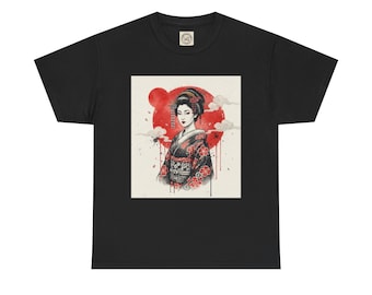 Geisha Illustration Tee | Japanese Kimono Art, Red Sun Background
