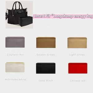 May include: A black handbag with a matching rectangular bag organizer insert. Below are six additional rectangular bag organizers in various colors labeled Elephant Ash, Golden-brown, Light-brown, Milkshake white, Deep black, and Chinese red.