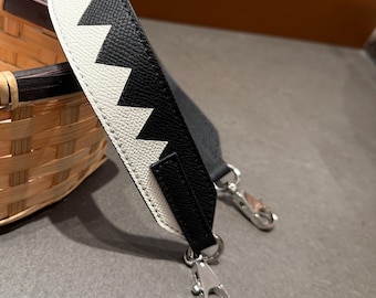 1.2 inch Wide Leather Crossbody Bag Strap/Epsom Leather Shoulder Purse Strap/Gold Silver Clasp Replacement Handbag Handle/Black White Zigzag