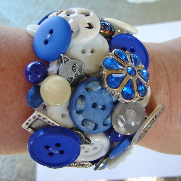 Bazillion blue and white buttons on a stretch cuff bracelet