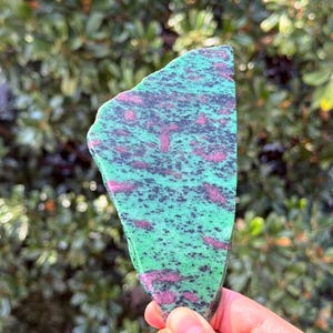 Könnte beinhalten: Ein polierter, unregelmäßig geformter Stein mit einer leuchtend grünen Grundfarbe, gesprenkelt mit Schwarz und akzentuiert durch unregelmäßige Flecken in tiefem Rosa. Der Stein wird vor einem verschwommenen grünen Hintergrund gehalten.