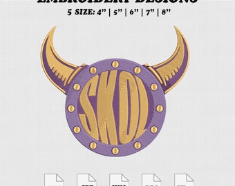 May include: An embroidery design featuring a purple and gold Viking helmet with the letters "SKD" in gold. The design is available in five sizes: 4", 5", 6", 7", and 8". The image also includes file type icons: DST, JEF, HUS, PES, and VP3.