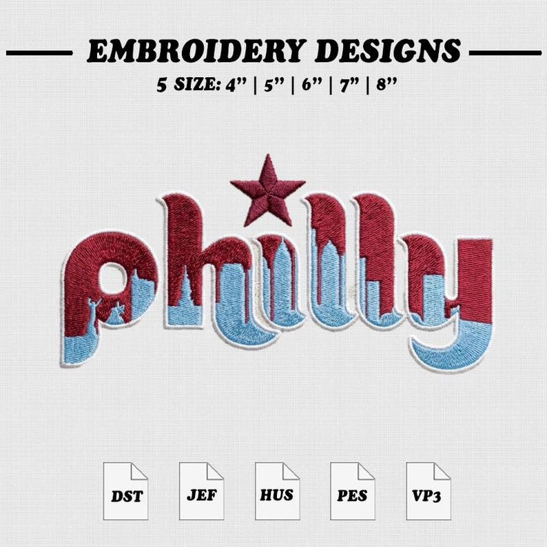 Philly Skyline Embroidery Design, Baseball City Machine Embroidery File, 5 Size. image 1