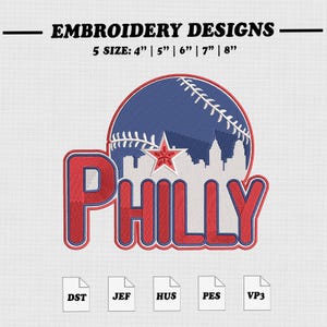 Philly Skyline Machine Embroidery Design, Baseball City Embroidery File, 5 Size.