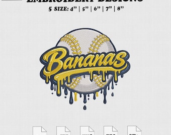 Bananas Embroidery Design, Yellow Team Baseball Machine Embroidery File, 5 size Instant Download.
