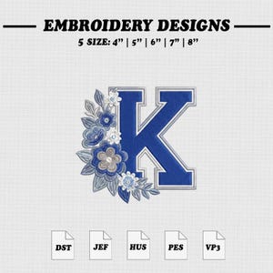 Borduurpatroon van de letter K uit Kentucky, borduurontwerp voor een universiteit, 'Back to School'-patch, 5 maten.