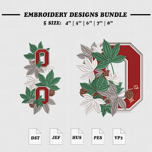 Puede incluir: Paquete de diseños de bordado con la letra O en rojo con bordes blancos, rodeada de hojas de castaño de indias verdes y grises y pequeñas nueces marrones. Texto: EMBROIDERY DESIGNS BUNDLE, 5 SIZE: 4" | 5" | 6" | 7" | 8". Formatos: DST, JEF, HUS, PES, VP3.