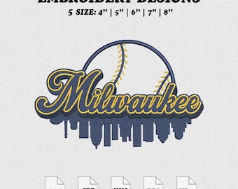 May include: An embroidery design featuring the city name "Milwaukee" in a stylized font, with a baseball and skyline silhouette. The design is available in 5 sizes: 4", 5", 6", 7", and 8". Includes DST, JEF, HUS, PES, and VP3 file formats.
