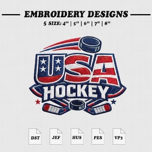 May include: An embroidered design featuring the text "USA HOCKEY" in red, white, and blue. The design includes a hockey puck, hockey sticks, and stars. The design is available in 5 sizes: 4", 5", 6", 7", and 8".