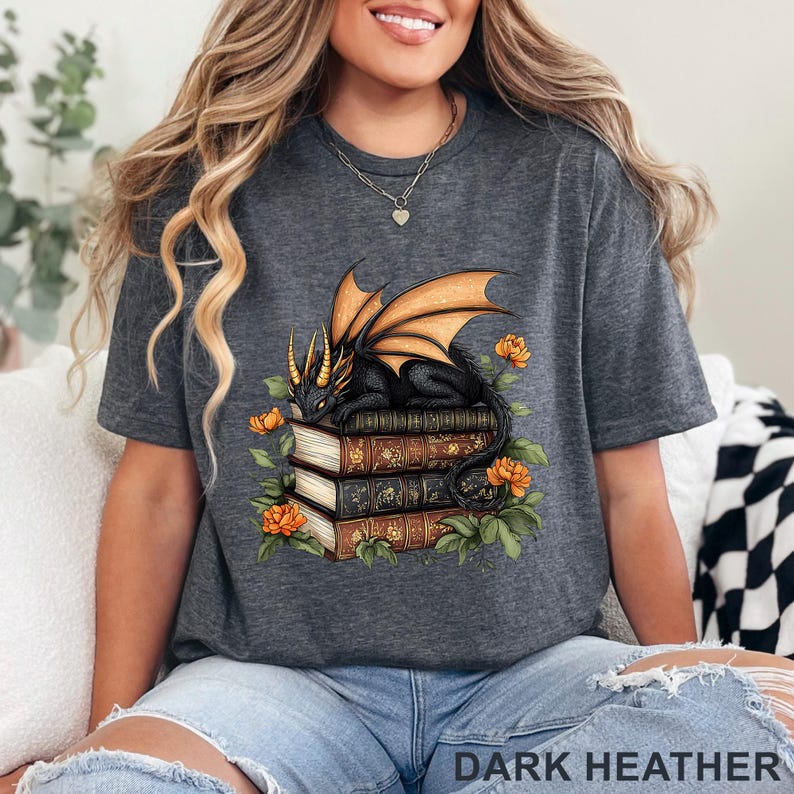 Floral Book Dragon T Shirt Fantasy Reading Dragon Tee, Aesthetic