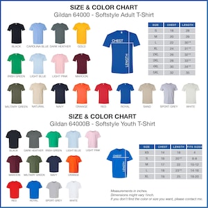The image is a size and color chart for a softstyle adult t-shirt. It displays various t-shirt designs in different colors and sizes, including black, navy, orange, red, royal, sport grey, and white. The chart provides measurements for each design, such as chest size, waist size, and length, as well as the corresponding t-shirt color. The chart is designed to help customers choose the right size and color for their preferences.