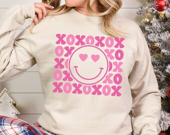 Retro Smiley Face XOXO Sweatshirt, Heart Eyes, Love Vibes 463544