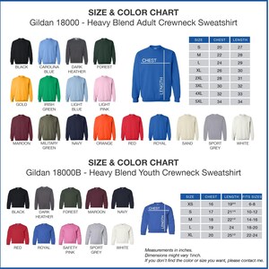 The image is a size and color chart for a heavy blend youth crewneck sweatshirt. It displays a variety of sizes and colors, including black, blue, green, orange, red, royal, and white. The chart provides measurements for each size and color, such as chest, length, and fit sizes. The chart also includes a list of different styles and colors, such as forest, navy, royal, and white. The image is a collage of multiple images, and the text is concise and avoids redundancy.