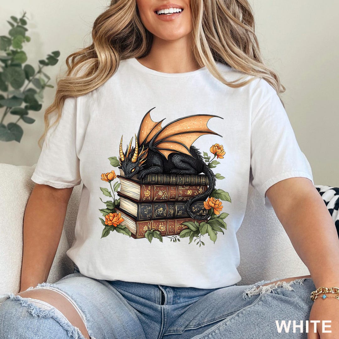 Floral Book Dragon T Shirt Fantasy Reading Dragon Tee, Aesthetic
