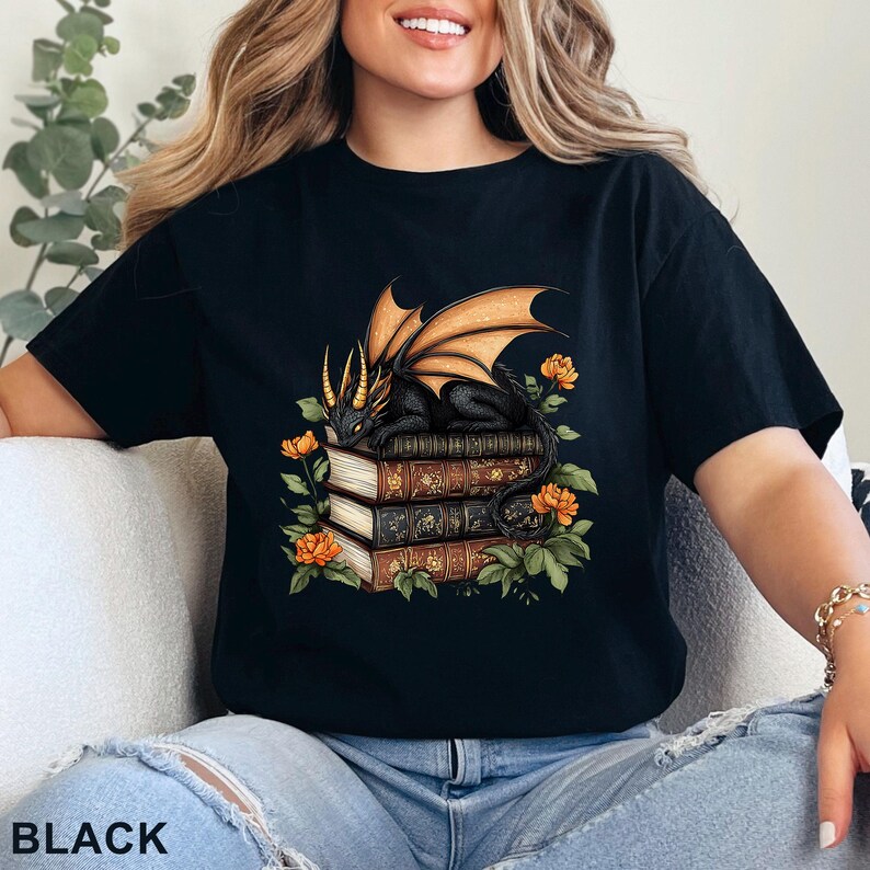 Floral Book Dragon T Shirt Fantasy Reading Dragon Tee, Aesthetic