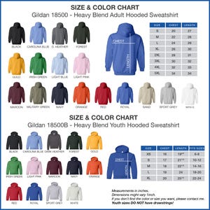 The image is a size and color chart for a GILDAN 18500B - Heavy Blend Adult Hooded Sweatshirt. It displays various color options and sizes, including black, blue, green, orange, red, royal, sand, sport grey, white, maroon, military green, navy, orange, red, and light pink. The chart provides measurements in inches for each color and size, and it includes a list of color and size combinations.