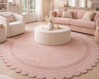 Hand Tufted Wool Scalloped Rug, Pink Round Rug, 3D Textured Nursery Rug, Bedroom Carpet Decor