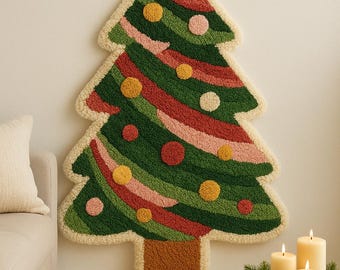 Handgemaakt getuft kerstboomtapijt – Feestelijk vakantie wand- en vloerdecor in gezellige structuur