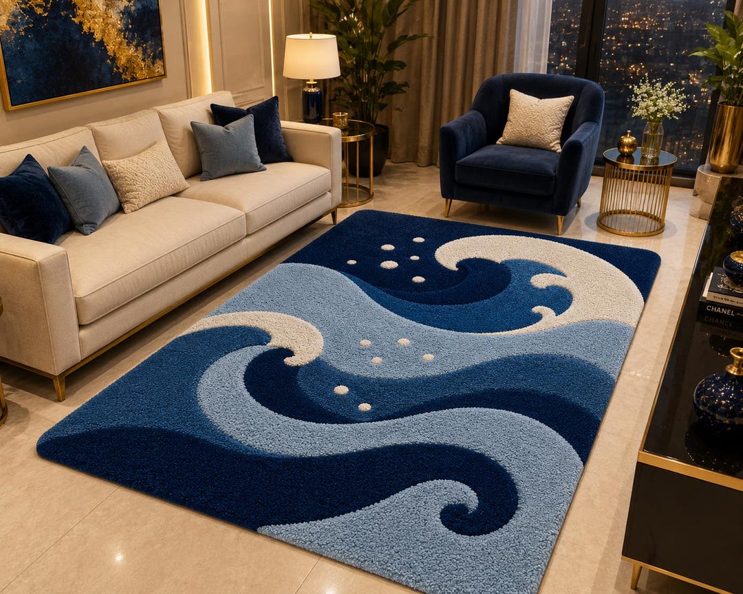 Ocean Wave Hand Tufted Rug, Blue Coastal Area Rug, Modern Wave Rug ...