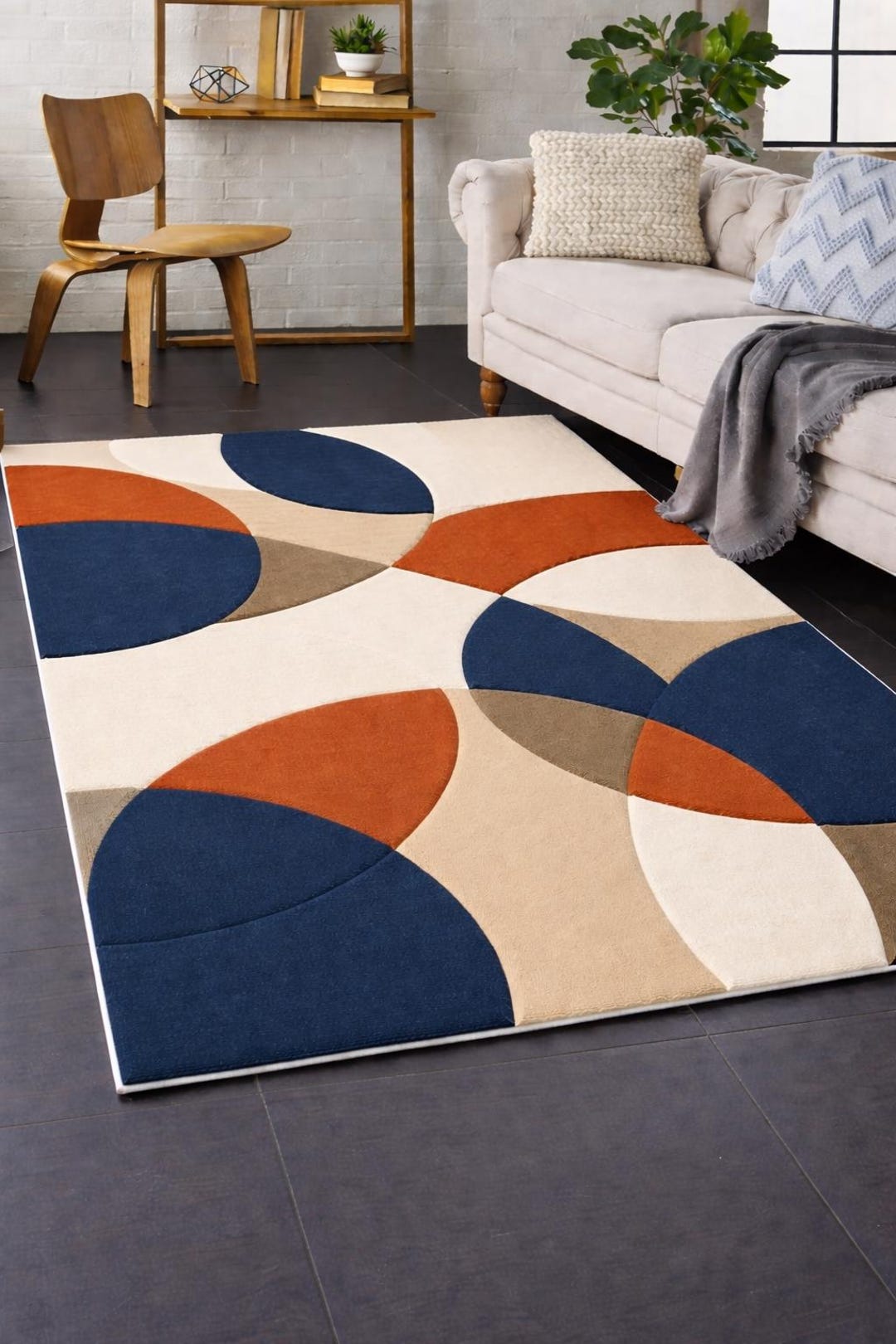 Geometric Hand Tufted Area Rug – Navy Blue & Rust Abstract Design - Etsy