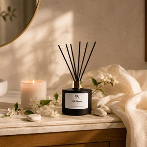 May include: A lit white candle and a black diffuser with reeds are displayed on a marble tray, with white flowers and smooth stones. The diffuser has a gold collar and a label reading "Still Bloom". A soft, cream-coloured fabric drapes in the background.