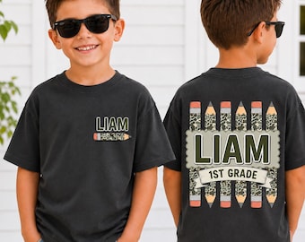 Personalized Back to School Shirt for Boys, Camo Pencil Kids Tee, Custom Name Pencil Shirt, Kindergarten First Day Shirt, School Gift
