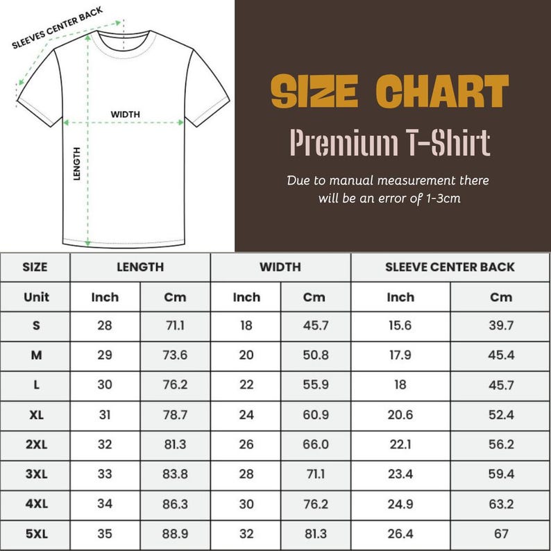 May include: White t-shirt with size chart and measurements in inches and centimeters. The chart details length, width, and sleeve center back dimensions for sizes S to 5XL. The text reads "SIZE CHART Premium T-Shirt".
