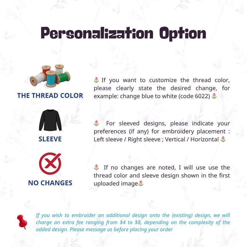 May include: Image detailing personalization options for embroidery. Includes text: "Personalization Option", "The Thread Color", "Sleeve", and "No Changes". Also shows thread spools, a black long-sleeve shirt, and a red X symbol.