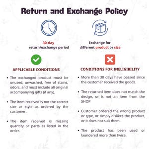 May include: A graphic detailing a return and exchange policy. It includes a 30-day return/exchange period, and exchange for a different product or size. Applicable conditions and conditions for ineligibility are listed.