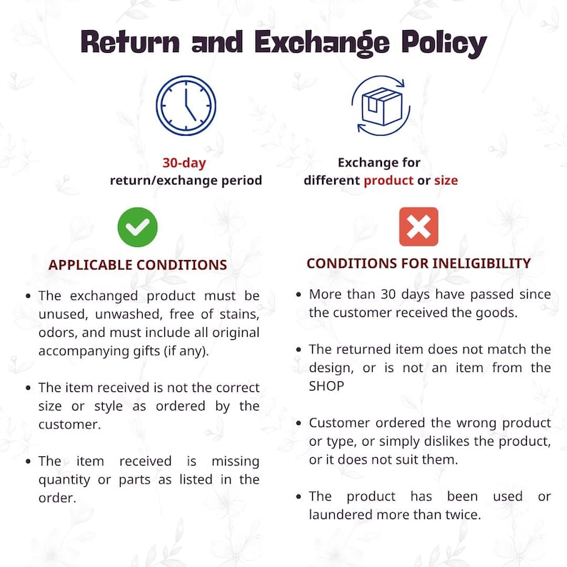 May include: A graphic detailing a return and exchange policy. It includes a 30-day return/exchange period, and exchange for a different product or size. Applicable conditions and conditions for ineligibility are listed.