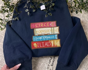 Greek Mythology Bookstack Embroidered Sweatshirt and Hoodie | Song of Achilles Circe Iliad Bookish Merch | Literary Gift Fan