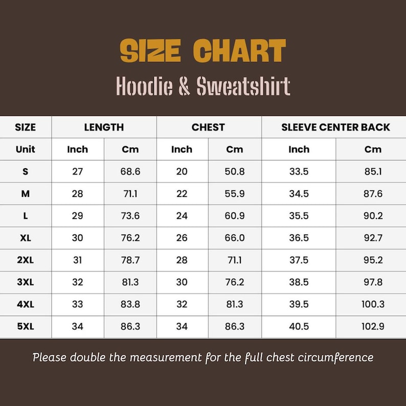May include: A size chart for hoodies and sweatshirts, with measurements in inches and centimeters. The chart includes sizes S to 5XL, detailing length, chest, and sleeve center back measurements. The text at the bottom says to double the chest measurement.