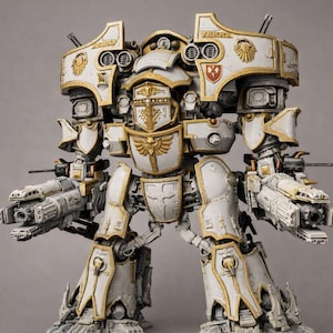 Può includere: Un modello dettagliato di una imponente macchina da guerra, principalmente bianco con finiture e dettagli dorati. Il modello presenta intricati dettagli meccanici, grandi cannoni e simboli araldici, suggerendo un tema fantascientifico o fantasy.