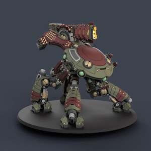 Peut inclure: Une figurine de marcheur mécanique à plusieurs pattes avec un schéma de couleurs vert olive et bordeaux. Le robot possède un châssis central arrondi, des jambes articulées avec des articulations métalliques et un grand armement monté.