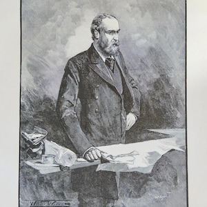 Pode incluir: Ilustração a preto e branco de um homem de fato, em pé numa mesa com papéis. O texto na parte inferior diz "PARNELL TESTIFYING AGAINST THE 'TIMES.'" A obra de arte é assinada por Walter Wilson. O homem tem barba e olha para o lado.