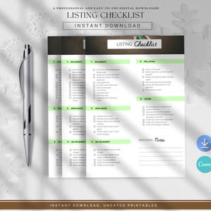 Peut inclure: Une liste de contrôle numérique pour les annonces immobilières avec des rubriques pour les documents, les portes ouvertes et la mise sur le marché. La liste est blanche avec des accents verts et le texte "Listing Checklist". Un stylo argenté est à gauche.