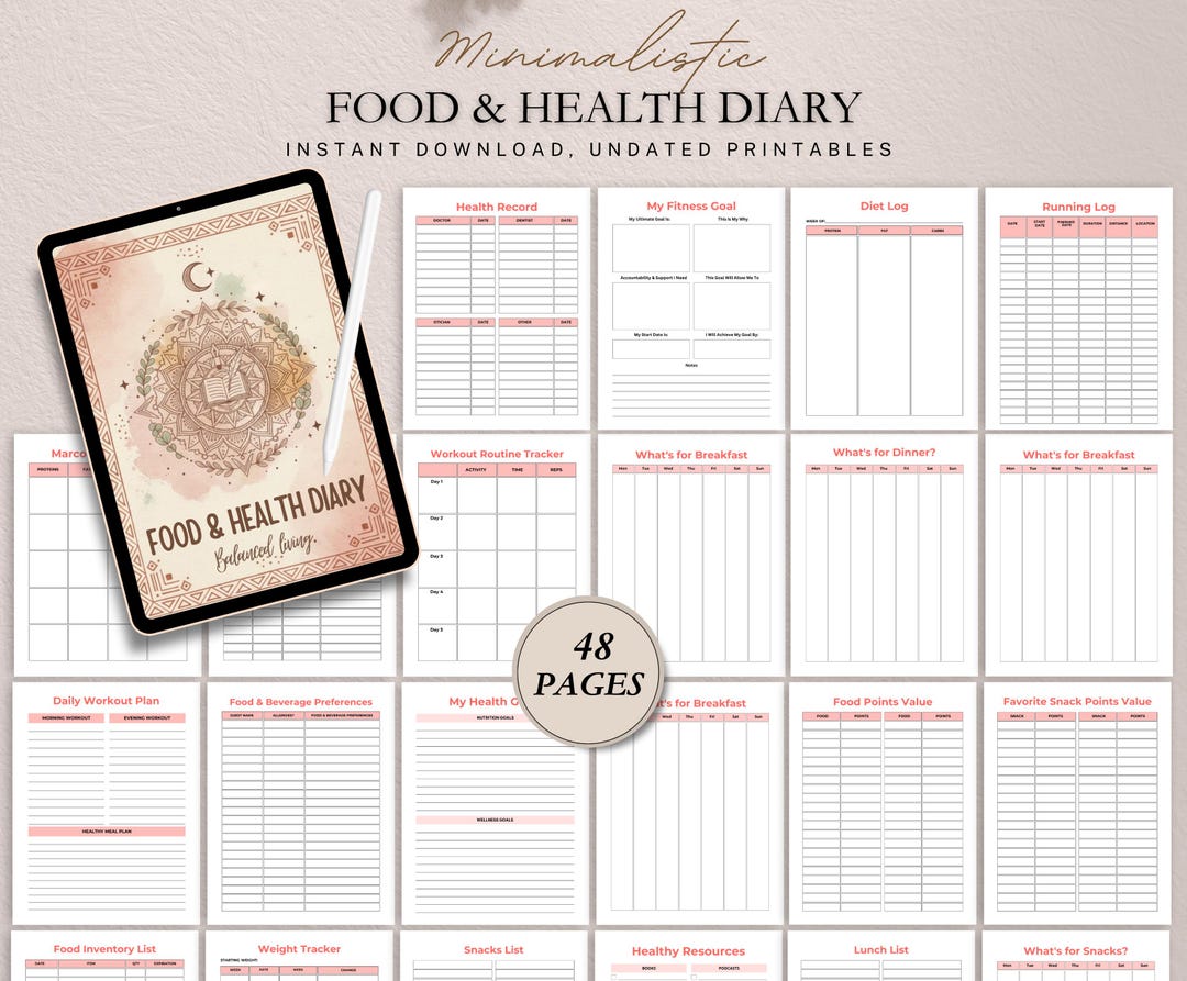 Food & Health Diary Printable | Nutrition Tracker, Habit Log, Wellness Planner | Digital Journal ...