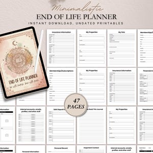May include: A digital End of Life Planner with 47 pages, featuring sections for personal information, insurance, and property details. The planner is displayed on a tablet with a stylus, and includes the text "End of Life Planner" and "Instant Download, Undated Printables."