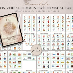 May include: A digital download of non-verbal communication visual cards. The cards are organised into categories such as emotions, daily needs, gestures, and activities. The image includes a tablet displaying the cards and a circular graphic that says "18 pages".