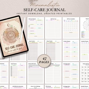 May include: A digital self-care journal with 42 pages, featuring a tablet displaying the cover design. The cover has a celestial design with the words "SELF-CARE JOURNAL" and "You are worth the effort." Various planner pages are displayed.