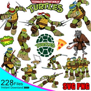 May include: A collection of Teenage Mutant Ninja Turtles illustrations in various action poses, with weapons and pizza. The image includes the TMNT logo, a pizza slice, and the text "228 Files Instant Download" and "SVG PNG".
