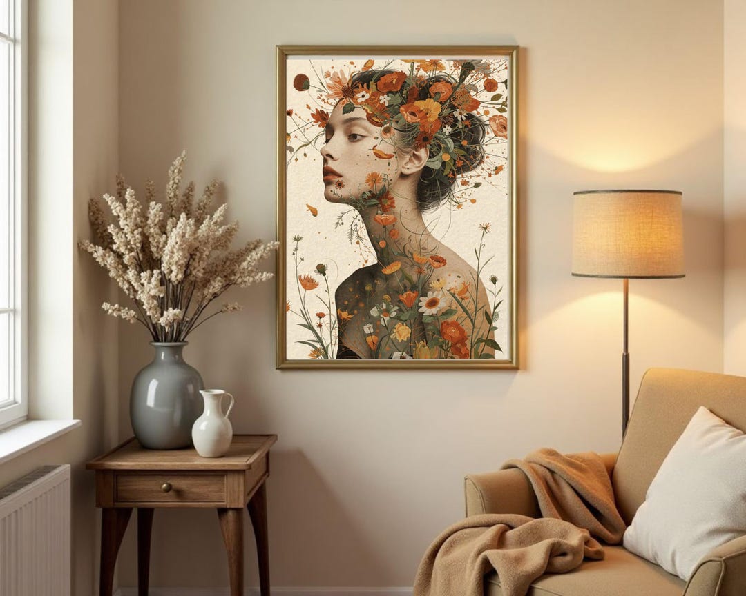 Botanical Woman Portrait Print | Earth Tone Floral Art (digital ...