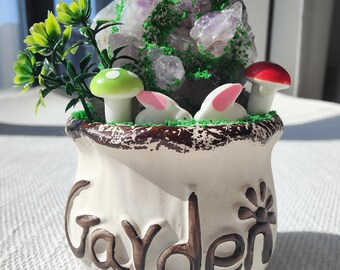 Amethyst crystal fairy garden in ceramic pot, magical woodland desk decor and spiritual birthday gift